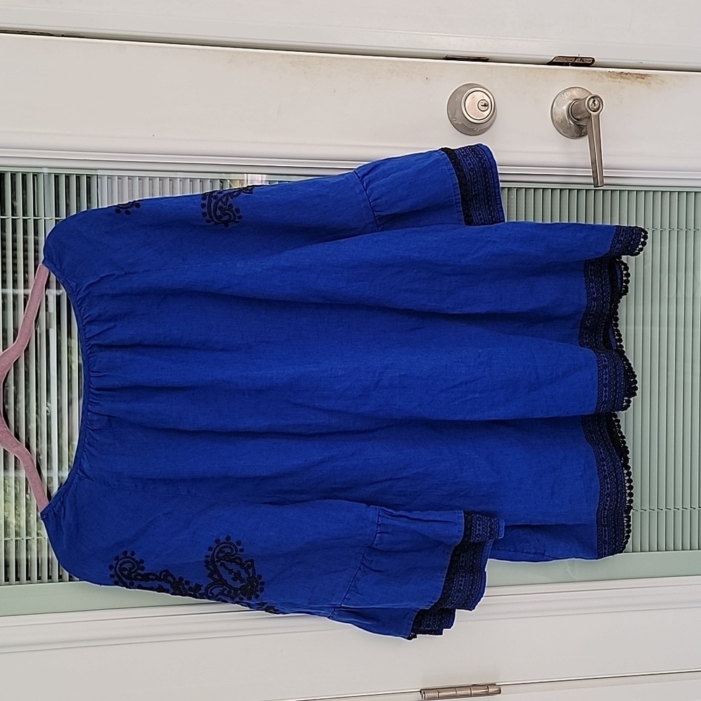 Charter Club Cobalt Blue & Black Embroidery Flutter Sleeve Linen Shirt Sz XL - Picture 8 of 12